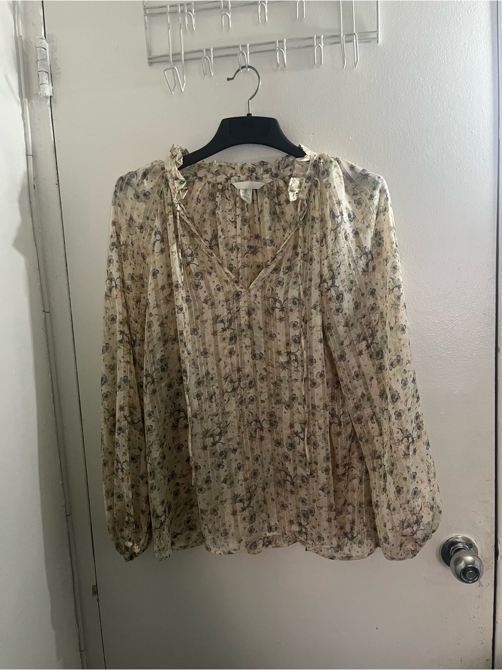 H&M Cream Sheer Floral Ruffle-Neck Blouse